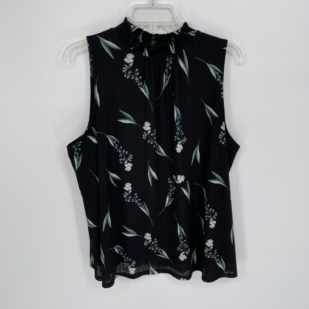 Apt. 9 Women's Black Floral Smocked Mock Neck Sleeveless Blouse Size XL